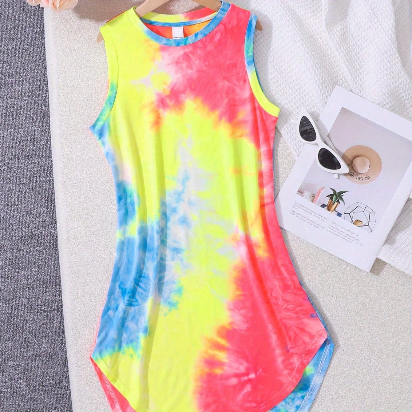 

Tween Girls' Knitted Tie-dyeing Round Neck Sleeveless Dress For Daily And Streetwear In Spring And Summer