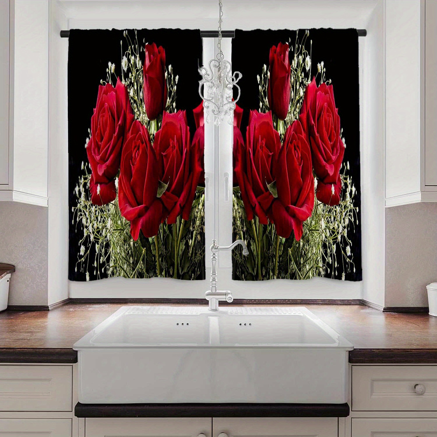 

1 Elegant Curtain And 2 Cafe Curtains - Rose Flower Print Curtains, Charming European Dinnerware Design - Vintage Style Window Decorations For Kitchen, Farmhouse, Living Room And Bedroom Decor