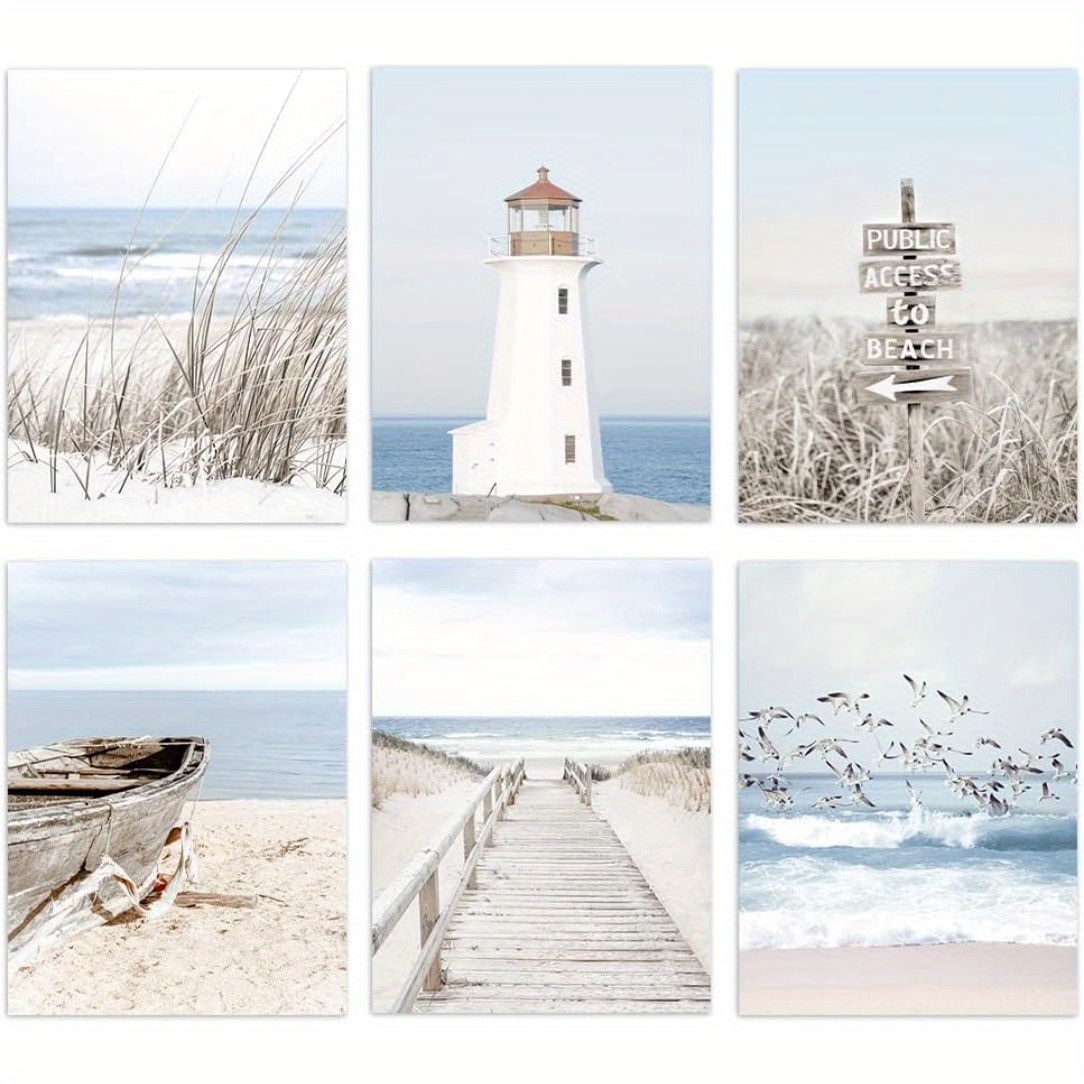 

6pcs Frameless Nature Wall Art Beach Boat Poster Prints Lighthouse Painting Wall Pictures Bridge Wall Decor Landscape Poster For Living Room Decor Bedroom Wall Decor 8*10 Inches