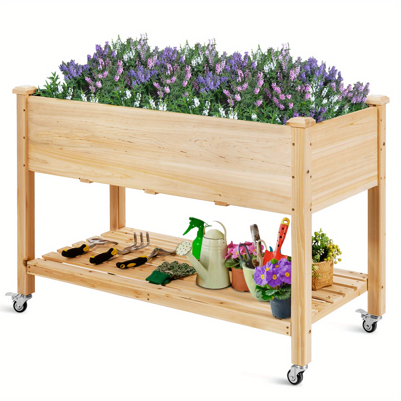 

Giantex Raised Garden Bed Wood Elevated Planter Bed W/lockable Wheels Shelf & Liner