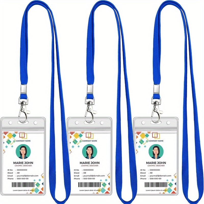 

3-pack Pvc Vertical Badge Holders With Zipper, Blue Lanyards, 360° Rotatable Clip, Soft Durable Fabric, Multipurpose Id Pouch For Office, School, Travel