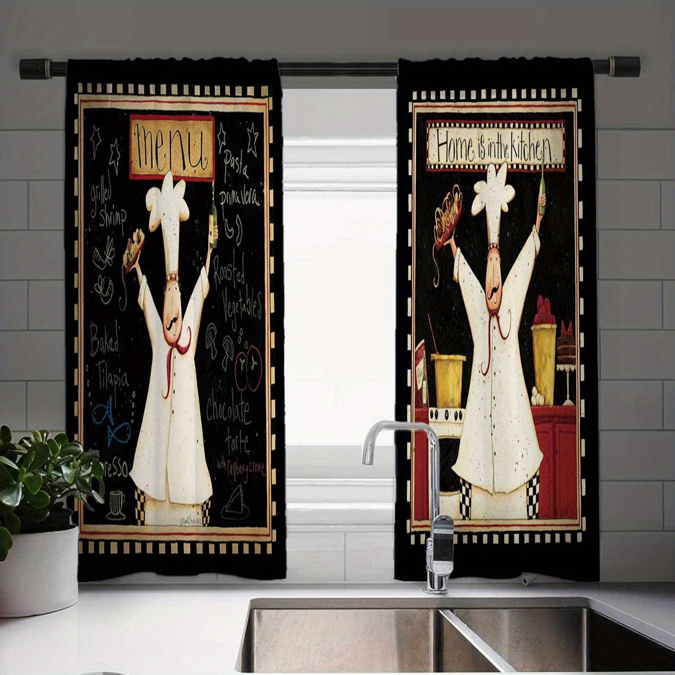 

Curtain Set With Prints - European Diner Design - Vintage Style Window Decor For Kitchen, Farmhouse, Living Room, And Bedroom Decor