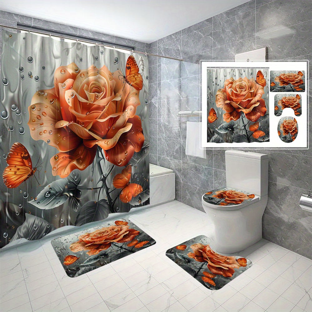 

4pcs Rose Shower Curtain Set, Digital 3d Printed, Waterproof & Mildew Resistant Bathroom Curtains With 12 C-type Hooks, Easy Install, 70.8x70.8 Inches, Orange Butterfly Design
