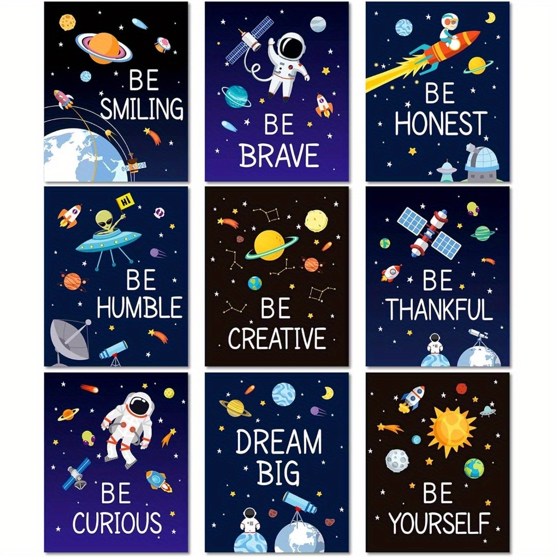 

9-piece Space-themed Inspirational Wall Art Set - Frameless Motivational Quote & Planet Posters For Bedroom, Playroom, Classroom Decor - 8x10 Inches