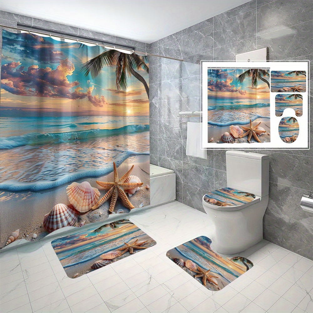 

4 Pieces 3d Printed Beach Sunset Shower Curtain Set With Hooks - Waterproof, Cartoon Design, Seasonal, Machine Washable, Polyester Material, Suede Finish