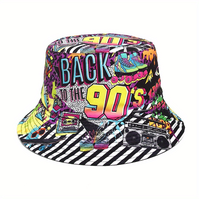 

Unisex 90s Graffiti Fisherman Hat, Colorful Hip-hop Reversible Sun Bucket Hat, Street Wear Fisherman Hat