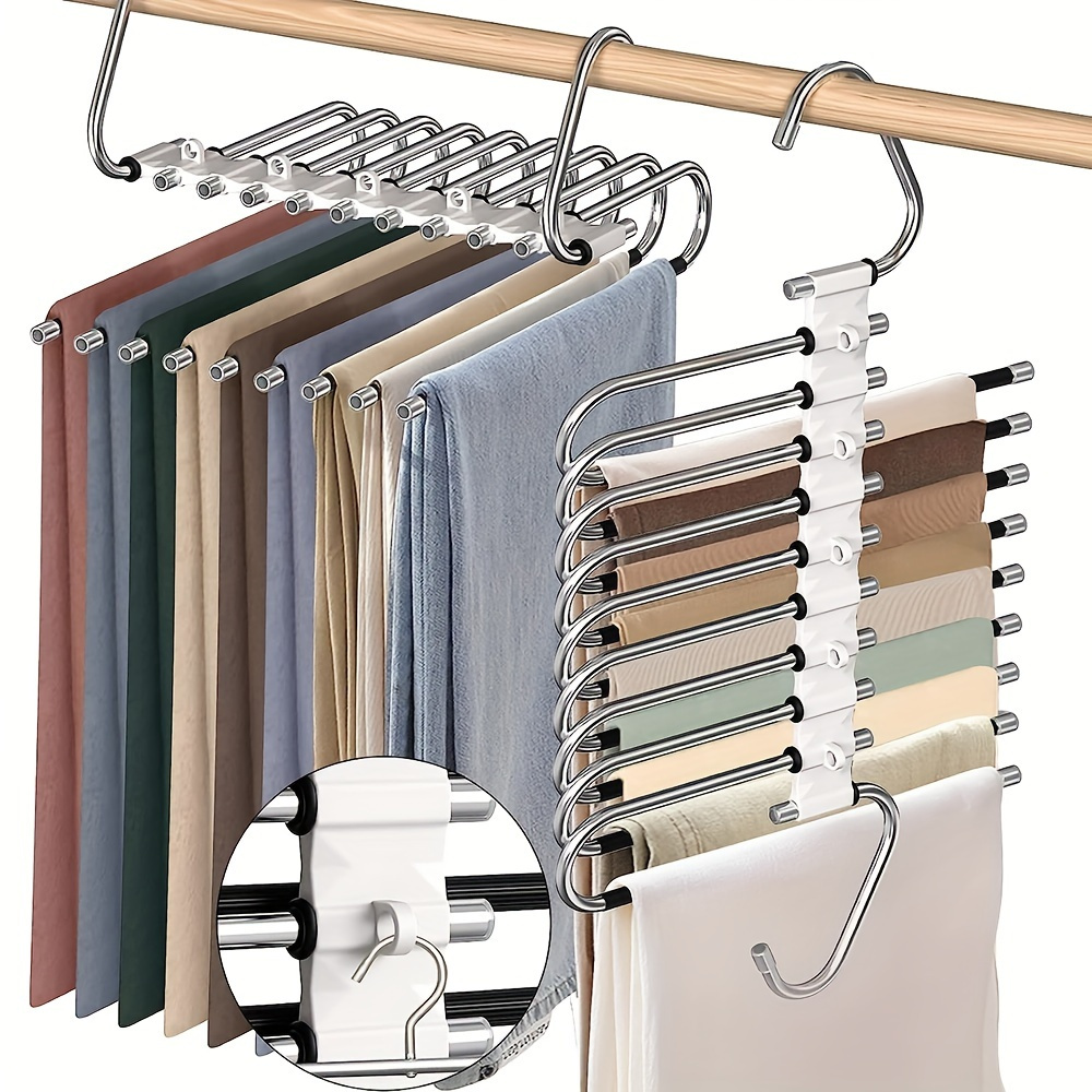 

Stainless Steel Pants Hangers With Non-slip 9-layer Rack And 5 Extra Hooks For Closet Organization - Space Saving Design For Jeans, Leggings, Trousers - Holds Up To 80% More