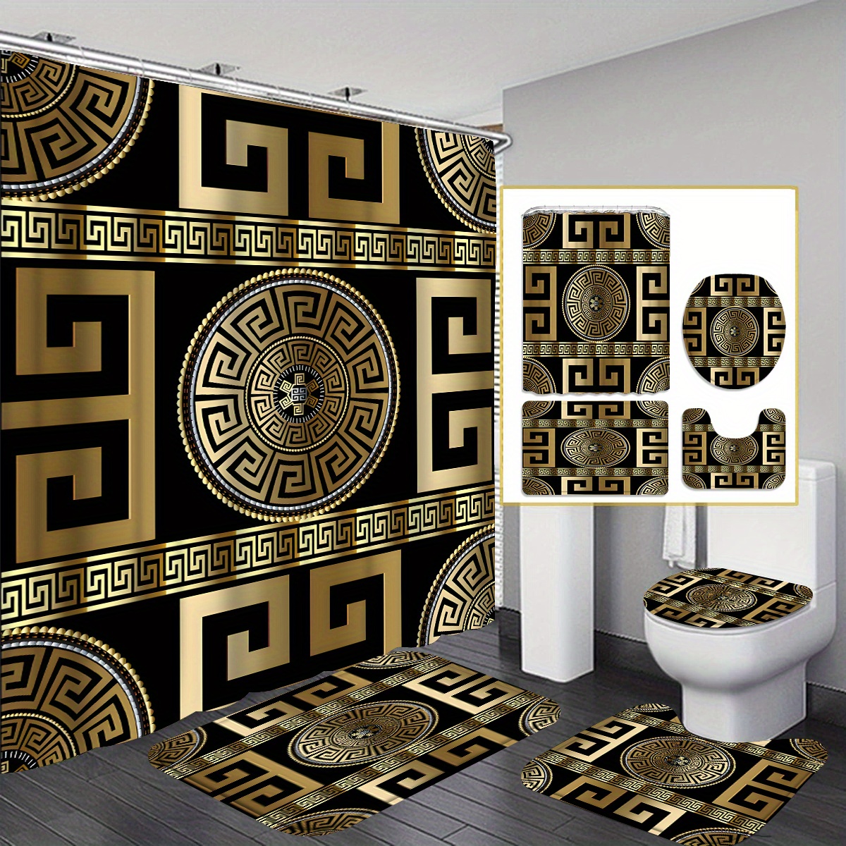 

4pcs Black Golden Geometric Design Shower Curtain Gift Modern Home Bathroom Decoration Curtain And Toilet Floor Mat 3-piece Set With 12 Shower Curtain Hooks