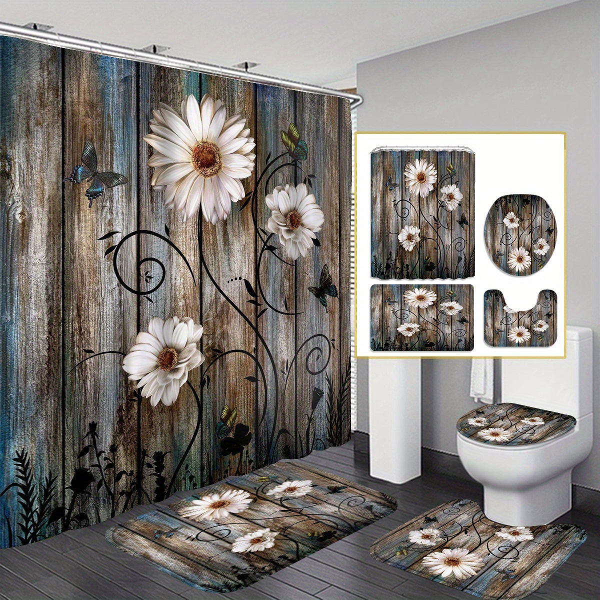 

4pcs Small White Flowers On Wood Grain Shower Curtain Gift Modern Home Bathroom Decoration Curtain And Toilet Floor Mat 3-piece Set With 12 Shower Curtain Hooks