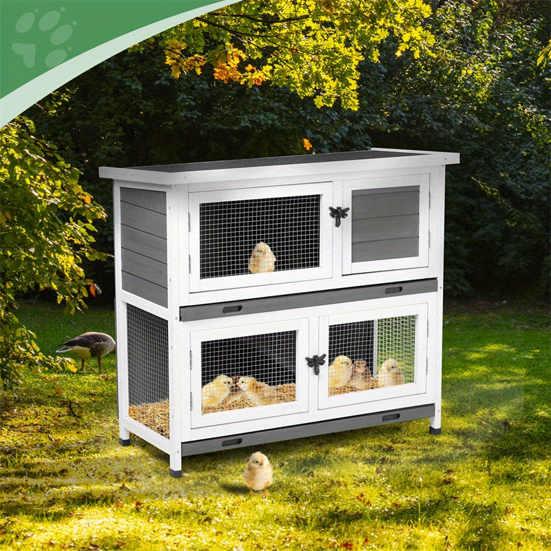 1pc 2 story solid wood rabbit hutch bunny cage with 2 large main rooms indoor outdoor rabbit house guinea pig cage pet house for small animals with 2 removable trays grey