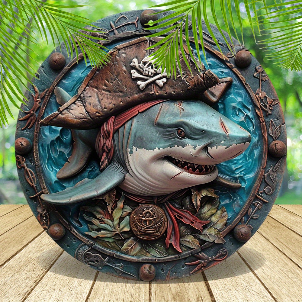 

Fierce Pirate Shark 8x8" Aluminum Sign - Durable, 2d Effect Round Metal Wall Art For Garden, Bedroom, Garage Decor - Unique Pirate-themed Gift Shark Wall Decor