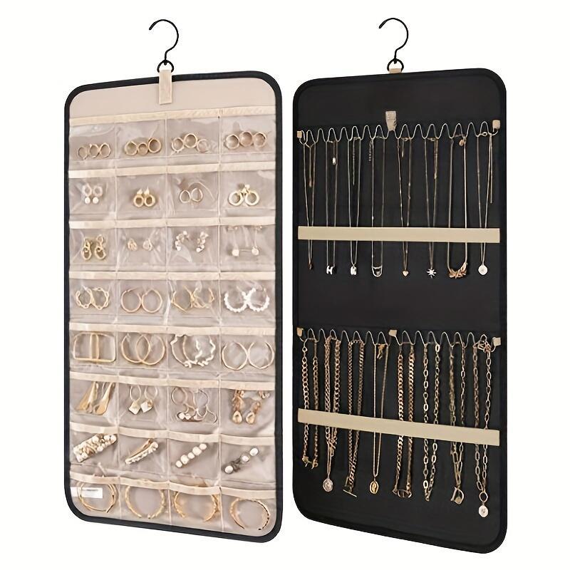 

Wall Mount Jewelry Organizer Bag With Rectangle Shape - Multipurpose Storage For Earrings, Rings, Bracelets, Necklaces - Durable Other Material With Wave-shaped Metal Hooks And Elastic Straps Closure