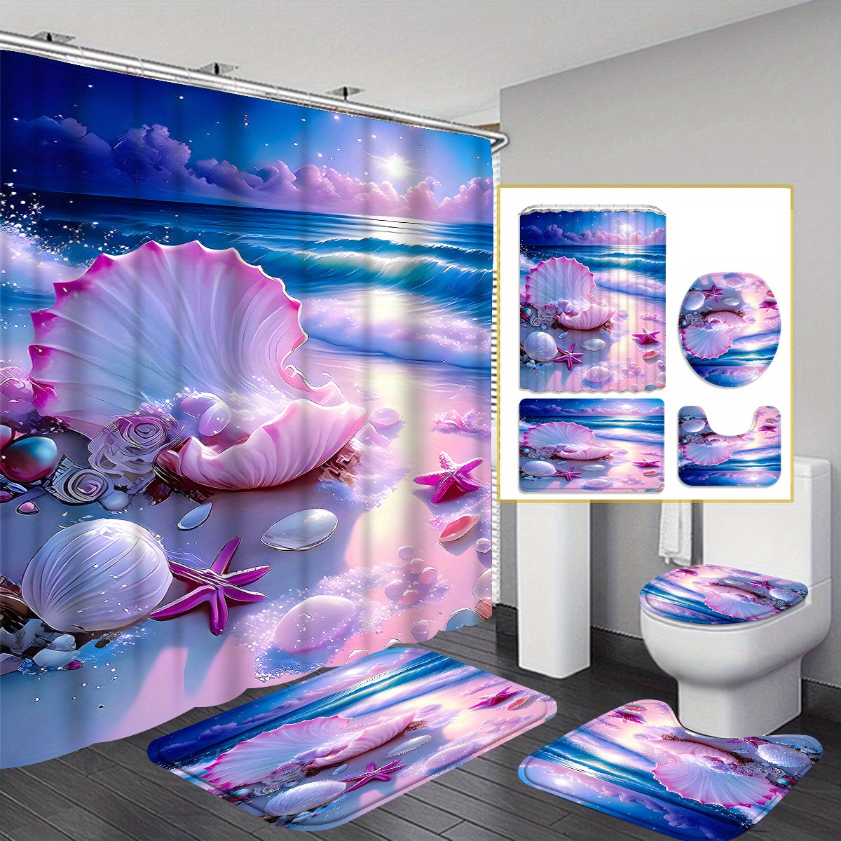 

4pcs Sea Shell And Pearl Shower Curtain Gift Modern Home Bathroom Decoration Curtain And Toilet Floor Mat 3-piece Set With 12 Shower Curtain Hooks