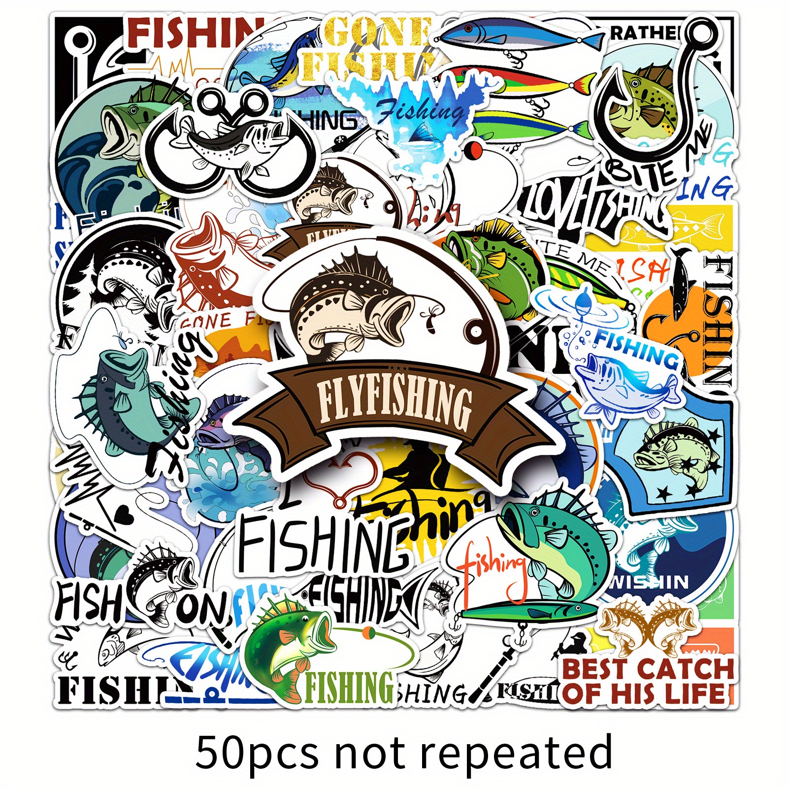 50pcs Cartoon Fishing Stickers - Durable Synthetic Paper, , Water Bottles, Phones & More, Decoration Stationery, Suitcases, Helmets, Perfect For Winter, New Year