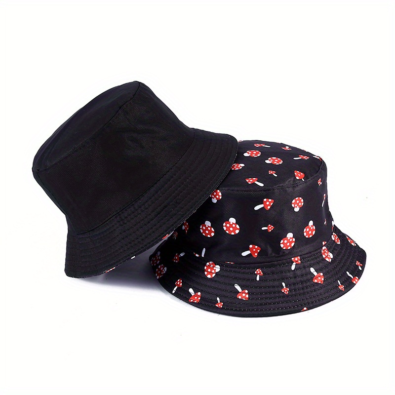 

Unisex Cute Mushroom Print Bucket Hat, Wide Brim Beach Sun Protection Cap, Casual Basin Hat