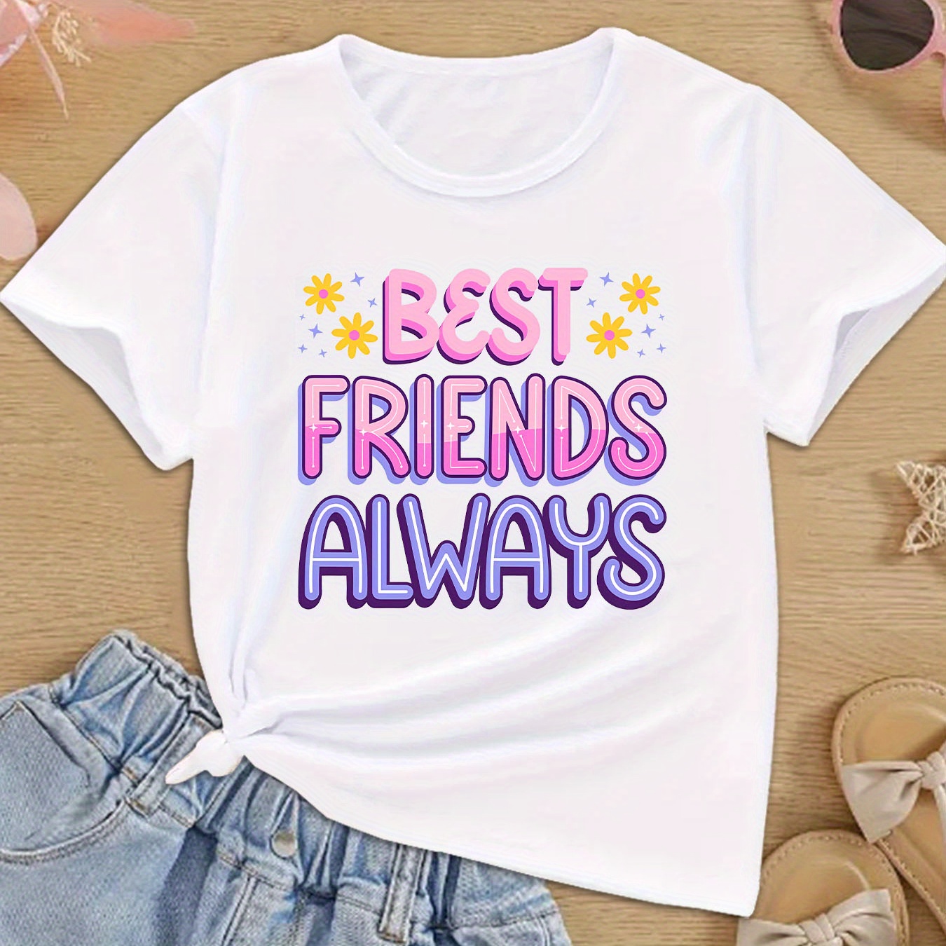 

Best Friends Always Print Casual T-shirts, Soft Comfy Crew Neck Short Sleeve Tee, Girl's Summer Tops
