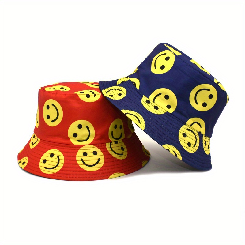 

Unisex Double-sided Fisherman Hat, Happy Expression Print, Casual Sun Bucket Hat, Spring/summer Stylish Basin Cap, Available In Red, Black, White