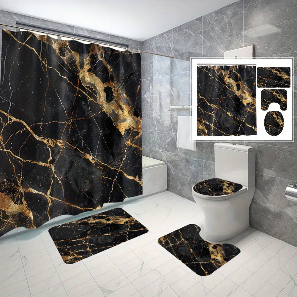 

4pcs/set Black And Gold Marble Shower Curtain Set, 3d Digital Print, Waterproof & Mildew Resistant Bathroom Decor, Includes 12 C-type Hooks
