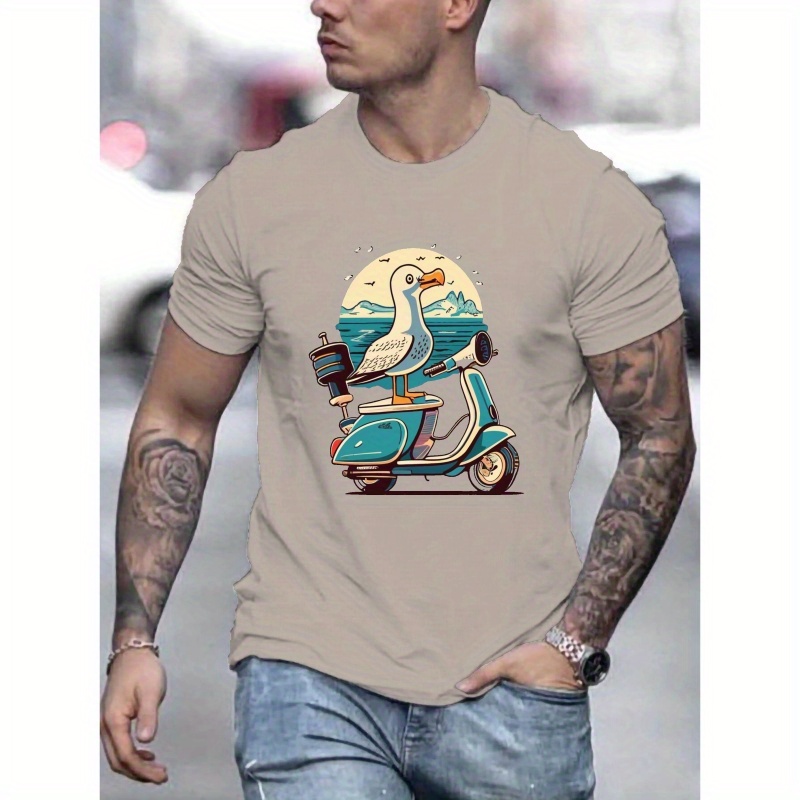 

Seagull Riding A Scooter Print Tee Shirt, Tees For Men, Casual Short Sleeve T-shirt For Summer