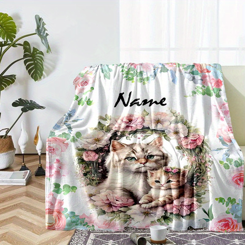 

1pc Custom Name Cute Cat Flannel Blanket, Ideal For Outdoor Travel Leisure Sofa Beds And Home Decor, Ideal Birthday Or Holiday Gift Available For All Seasons