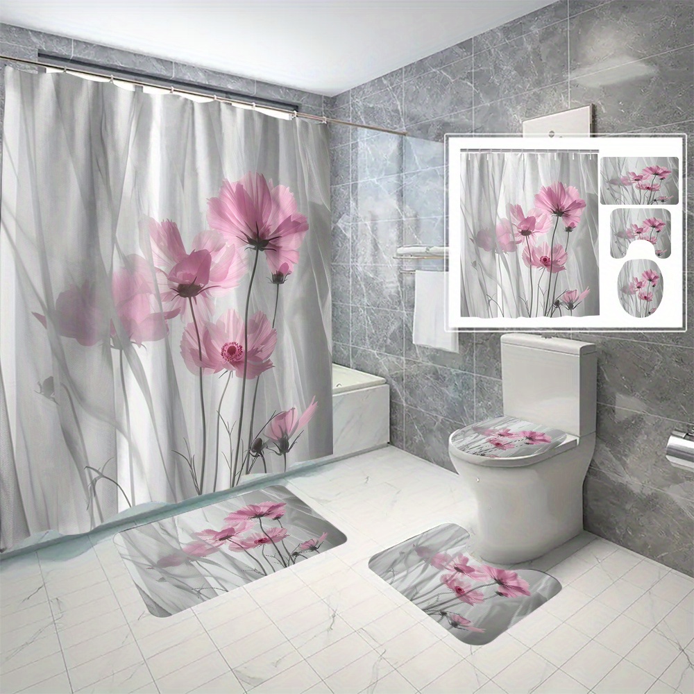 

4pcs Pink Floral Shower Curtain Set With 12 Hooks, 3d Digital Print, Waterproof & Anti-mold, Easy Installation Bathroom Accessories, 180cm X 180cm