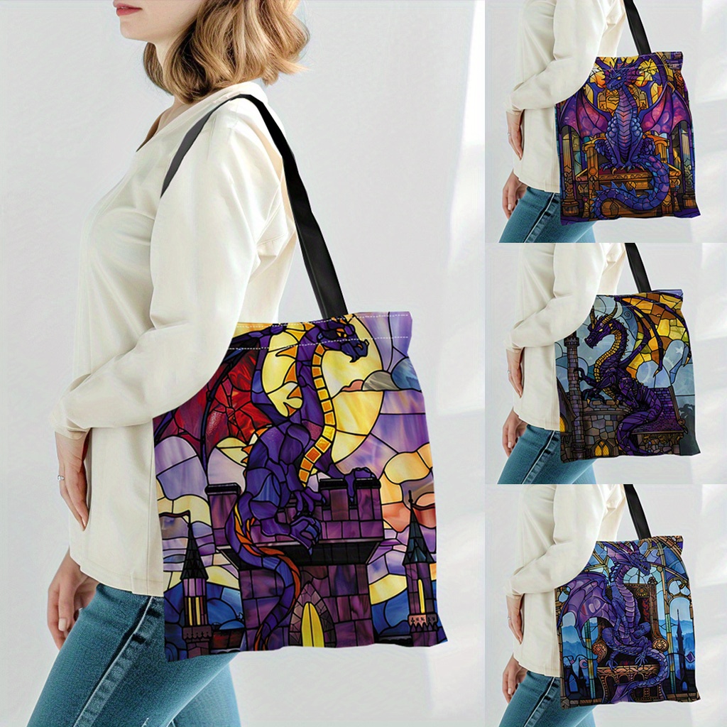 

1pc Stained Glass Dragon Design Canvas Tote Bag, Lightweight Large Shopping Bag, Fashion Canvas Shoulder Bag