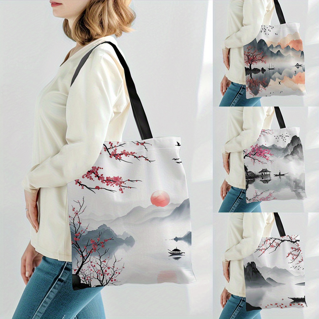 

Chic Chinese Ink Landscape Canvas Tote Bag - Spacious & , Ideal For Shopping & Use
