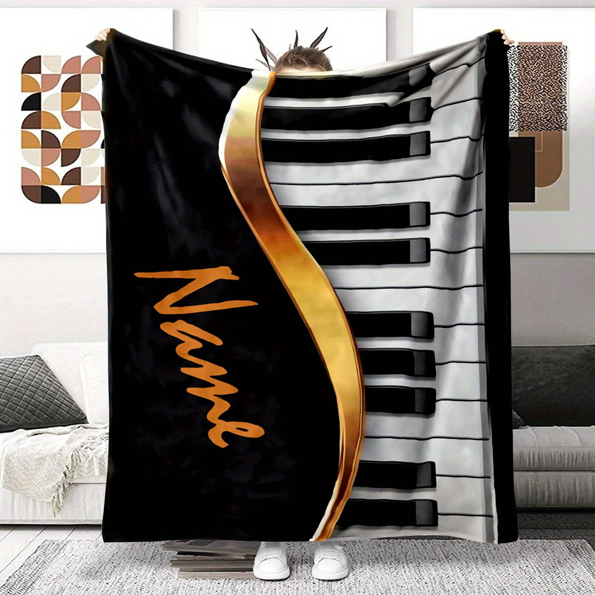 

1pc Custom Name Piano Keys Flannel Blanket, Ideal For Outdoor Travel Leisure Sofa Beds And Home Decor, Ideal Birthday Or Holiday Gift Available For All Seasons