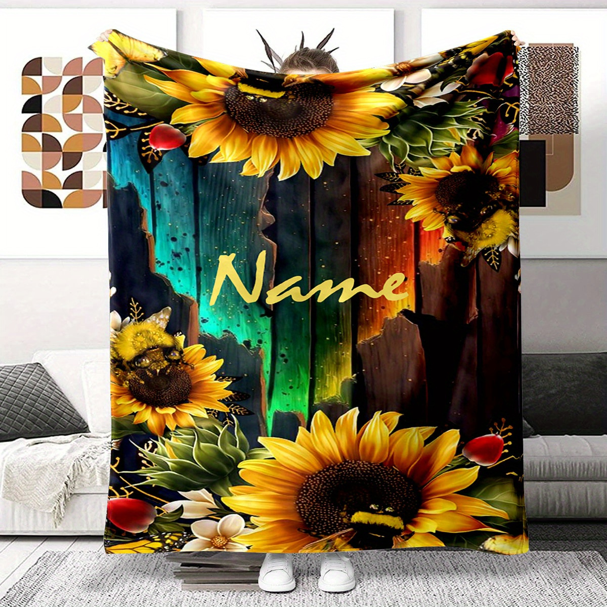 

1pc Custom Name Sunflower Flannel Blanket, Ideal For Outdoor Travel Leisure Sofa Beds And Home Decor, Ideal Birthday Or Holiday Gift Available For All Seasons