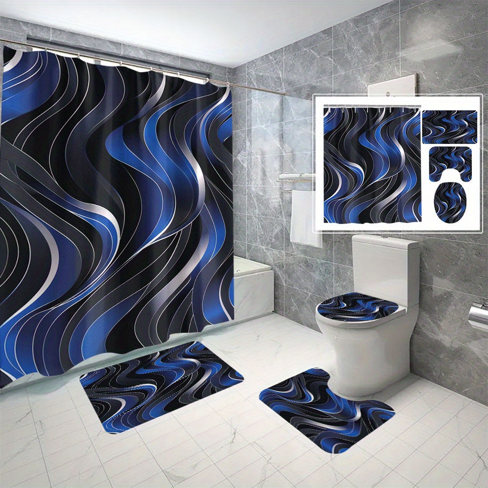 

4-piece Blue & White Wave Shower Curtain Set - Waterproof, Mold-resistant With 12 Hooks, Non-slip Bath Mat, U-shaped Rug, And Toilet Lid Cover - Machine Washable Polyester Bathroom Decor