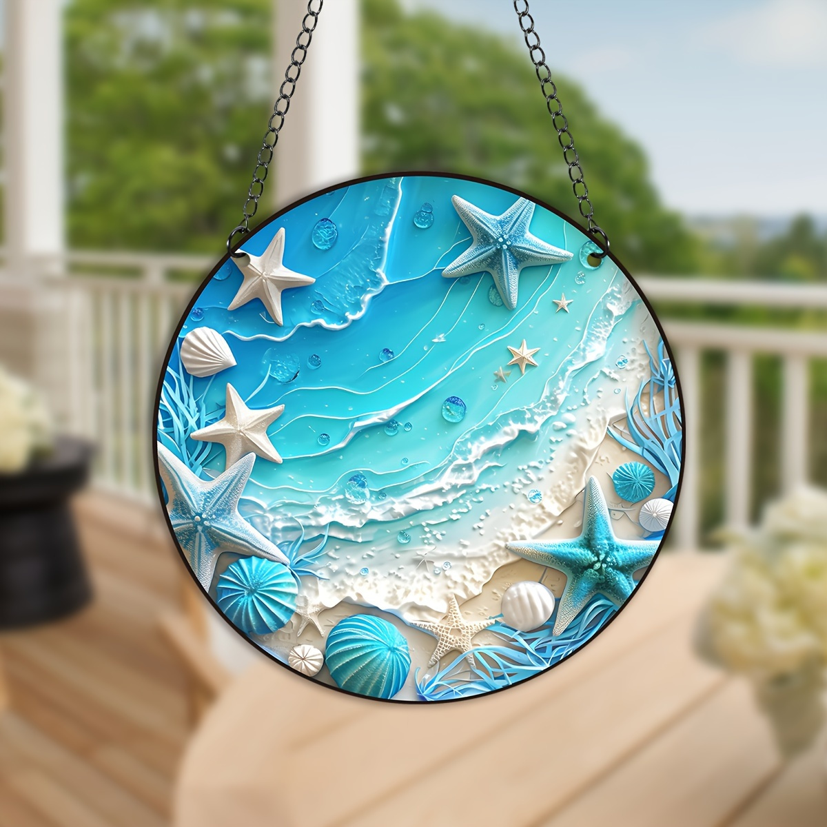 

Acrylic Wave & Seafood Hanging Suncatcher - Universal Holiday Decor, Stained Window Pendant With Starfish & Seashells, Round Wreath Sign, Porch & Wall Decoration, No Electricity Needed, 5.9in/15cm