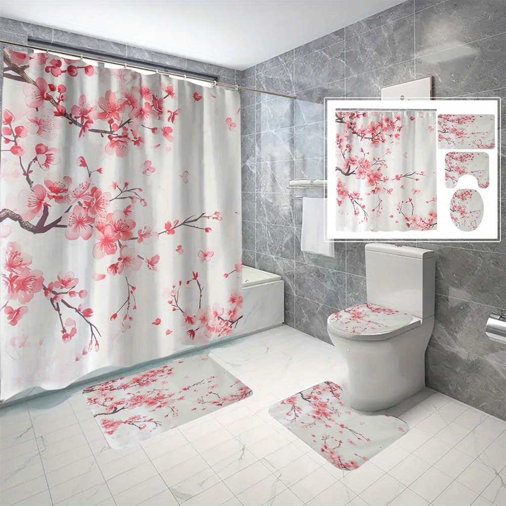 

4-piece Sakura Shower Curtain Set With Non-slip Mats And Hooks, 3d Digital Print Water-resistant Polyester Bath Set, Machine Washable, Elegant Tree Design, All-season Bathroom Decor