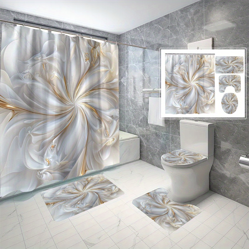 

4pcs/set White Floral Digital 3d Print Waterproof Mold-resistant Shower Curtain Set, With C-type Hooks, No-drill Bathroom Curtain, 70.8x70.8 Inches