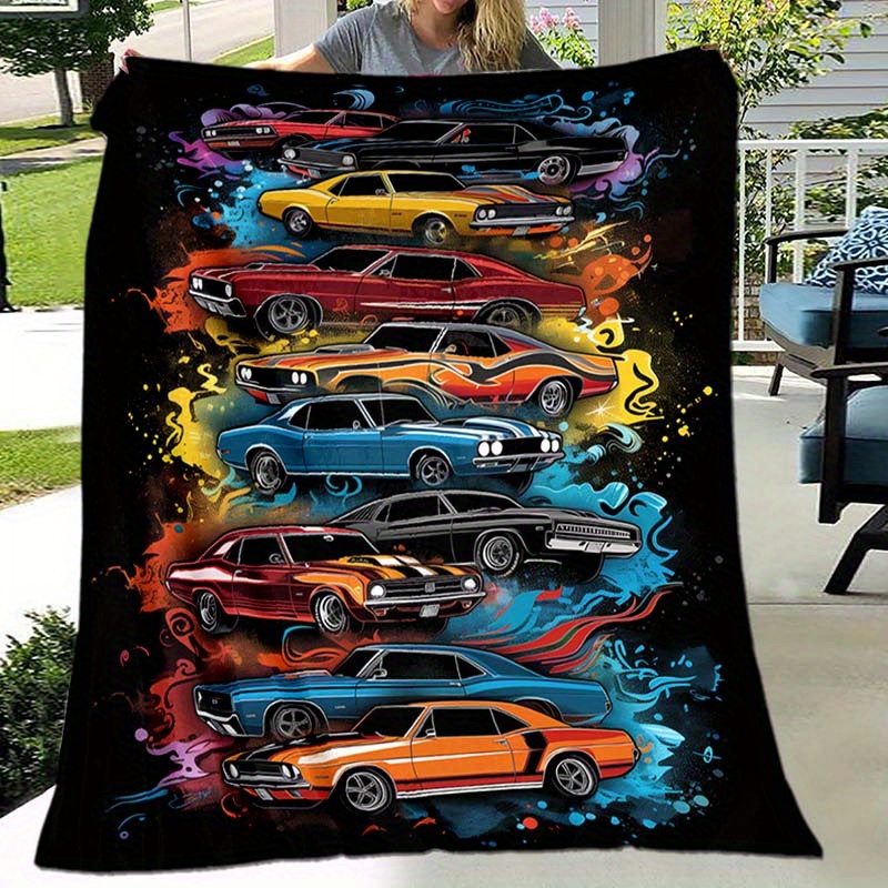 

Vibrant Automotive-themed Flannel Blanket - 100% Polyester, Soft Warm Throw For Couch, Bed, Office, Camping, Multipurpose All-season Gift, Large Mat With High-quality Print Design