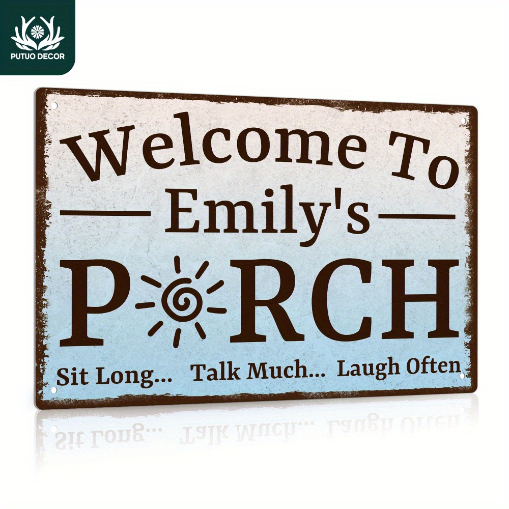 

1pc Custom Metal Tin Sign, Welcome To Porch Sit Long, Talk Much, , Personalized Plaque Vintage Plate Wall Art Decoration For Home Farmhouse Front Door Porch Patio, Gifts For Friend Family