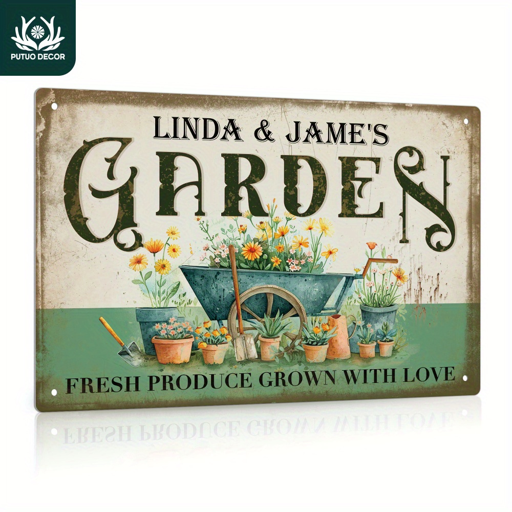 

1pc Custom Metal Tin Sign, Linda & Jame's Produce Grown With Love, Personalized Plaque Vintage Plate Wall Art Decoration For Home Farmhouse Garden, Gifts For Family Friend