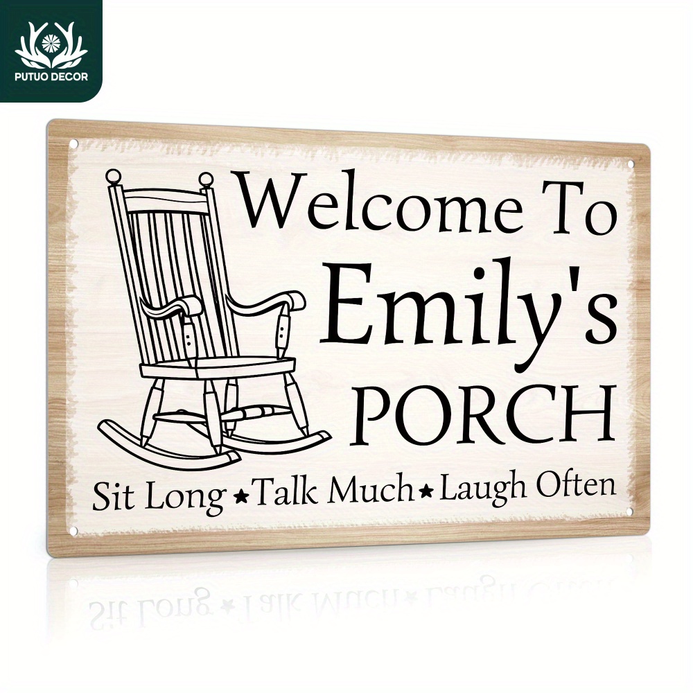 

1pc Custom Metal Tin Sign, Welcome To Porch Sit Long, Talk Much, , Personalized Plaque Vintage Plate Wall Art Decoration For Home Farmhouse Porch Front Door Patio, Gifts For Friend Family