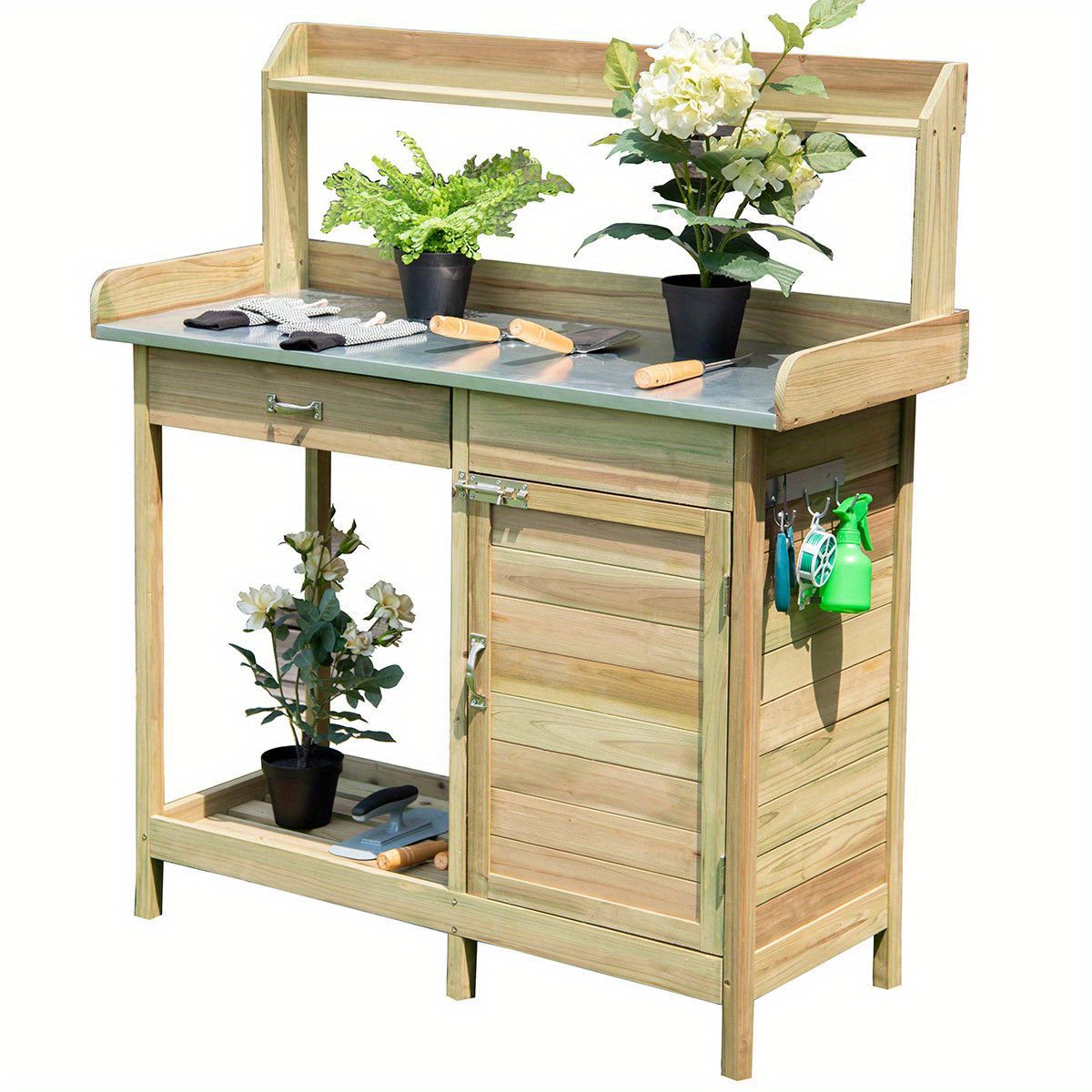 

1pc Costway Outdoor Wooden Potting Bench With Metal Tabletop, Garden With Cabinet Drawer, Wood Construction For Planting And Crafting, Storage Bench, Costway