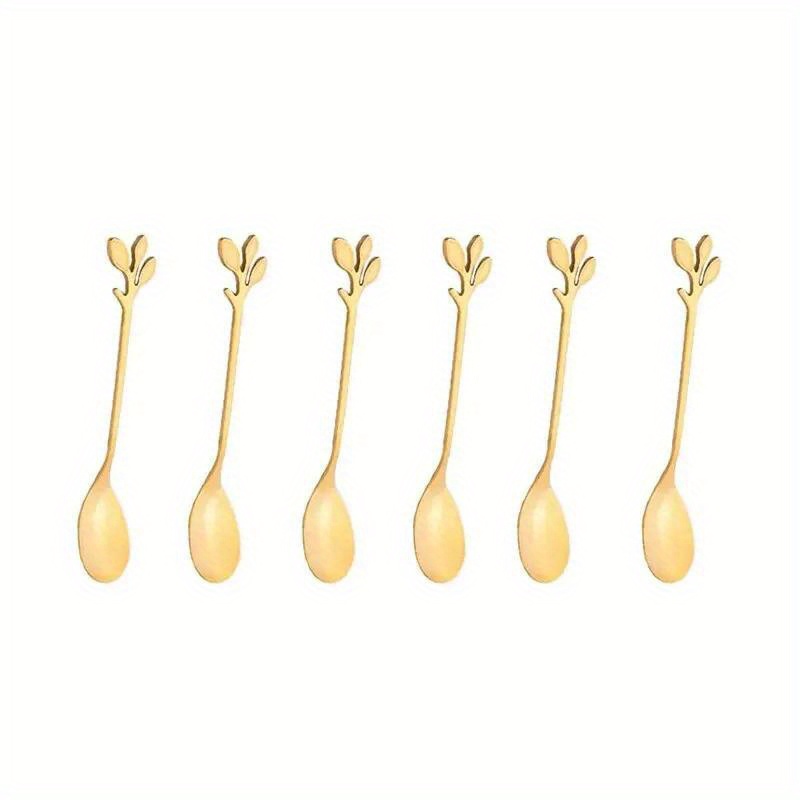 E-shop 6-teiliges kreatives Edelstahl-Gold-Löffelset mit Baumblatt-Motiv – Kaffeelöffel, Teelöffel & Dessertbesteck für Zuhause und Restaurant