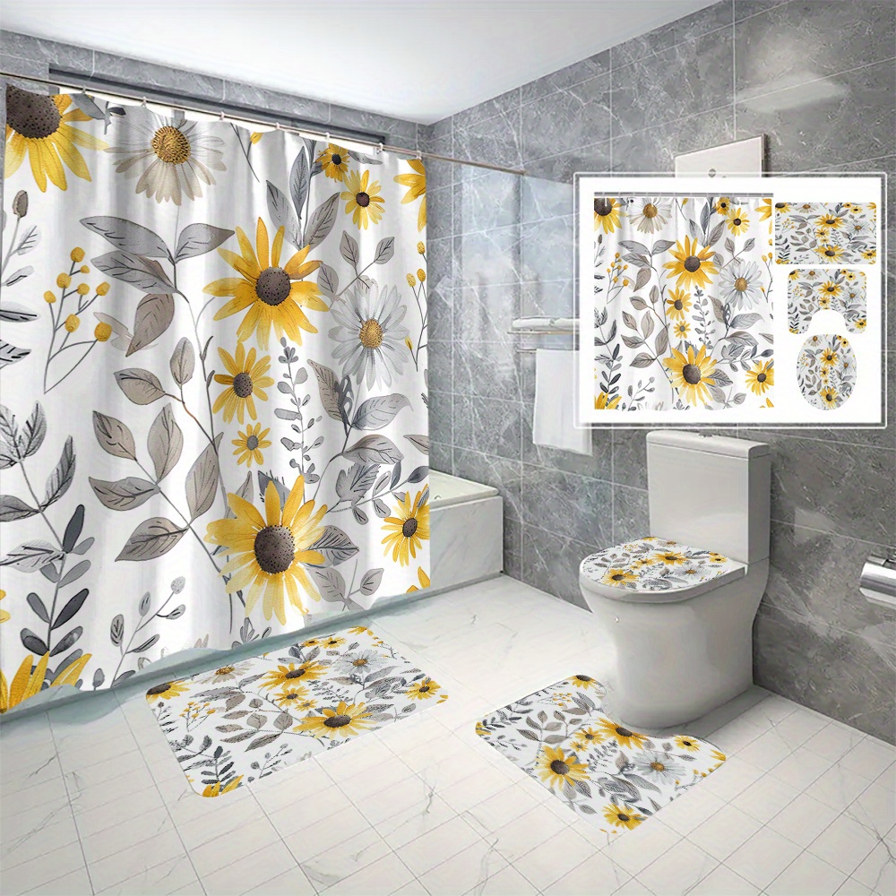 

4-piece Sunflower Cartoon Shower Curtain Set - Waterproof & Mold-resistant, Includes Hooks, Machine Washable, Perfect For All Seasons Shower Curtain Sets For Bathrooms Shower Curtain For Bathrooms