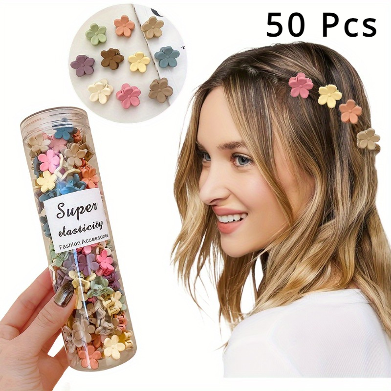 

50 Pcs Mini Hair Claw Clips Set - Cute Plastic Flower-shaped Hair Styling Accessories With Solid Color For Braiding, Suitable For Ages 14+