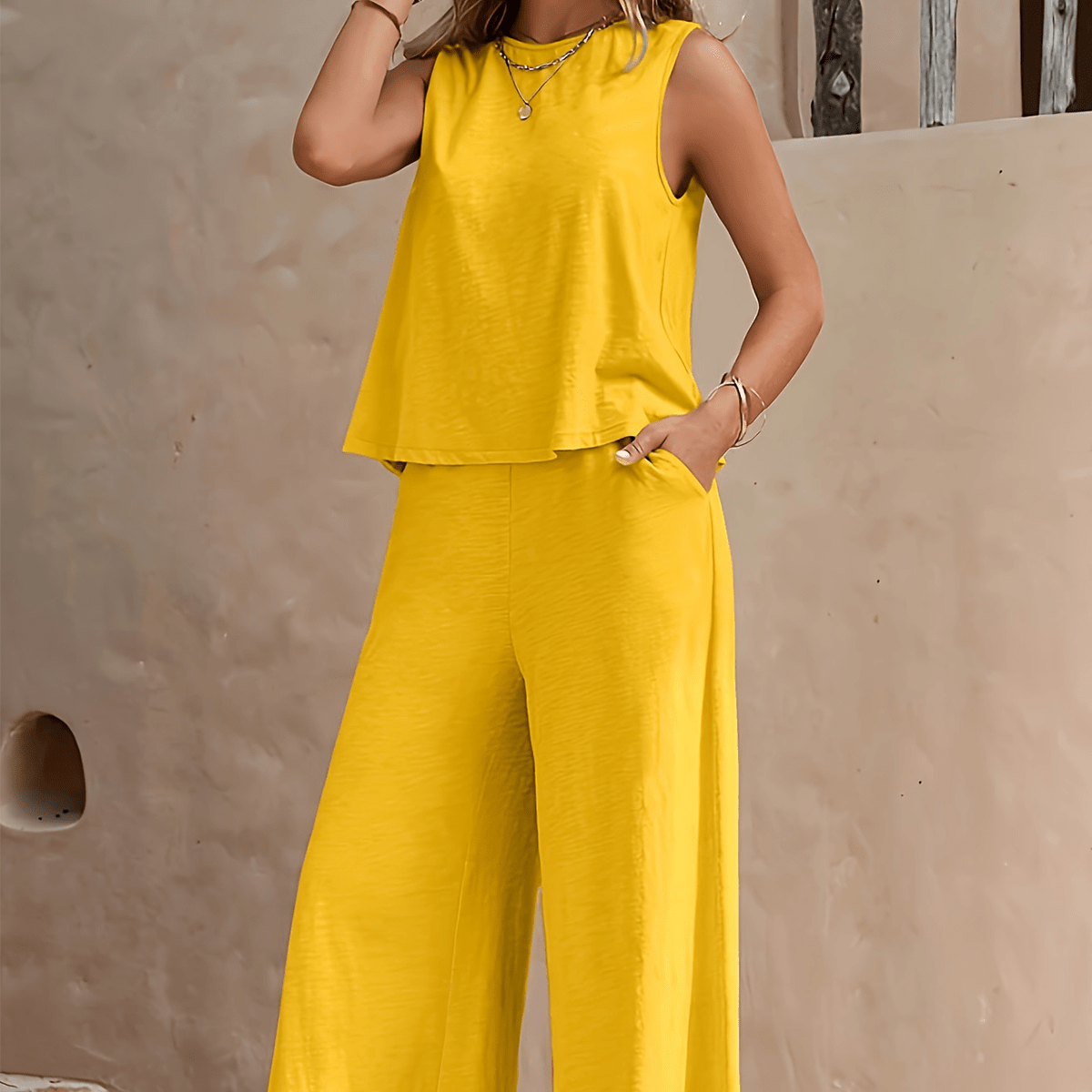 

Solid Elegant Two-piece Set, Sleeveless Tank Top & Wide Leg Loose Pants Outfits, Women's Clothing