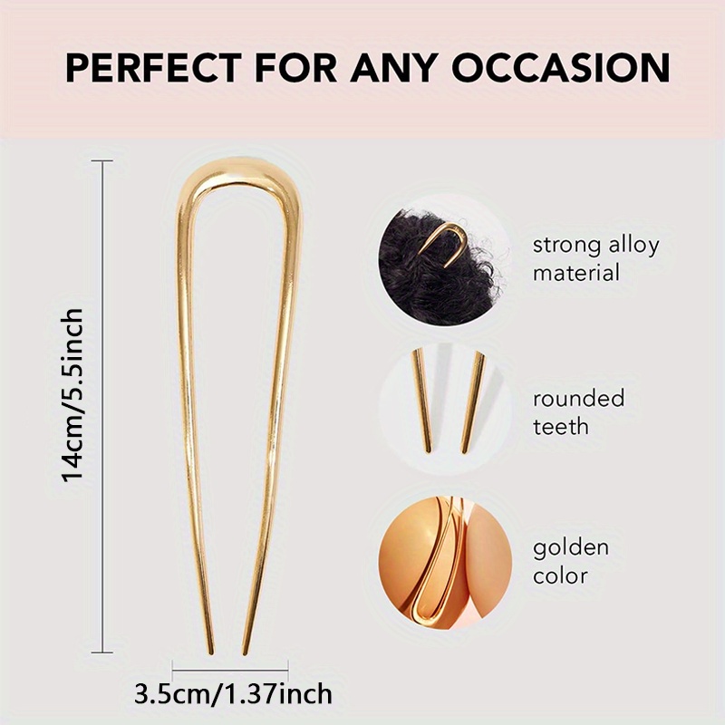 

Elegant Vintage Gold French Hair Pin - Single Alloy U-shaped Metal Hair Stick For Thick Hair - Chic Bun Holder, Twist Updo Hair Fork Accessory For Women 14+ - Timeless Solid Color Oval Shape Clips