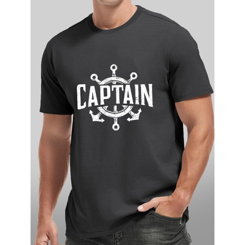 

Men's Short Sleeve T-shirt, Captain Pattern Print Casual Crew Neck Tees For Summer, Breathable & Comfortable Top For Outdoor Sports