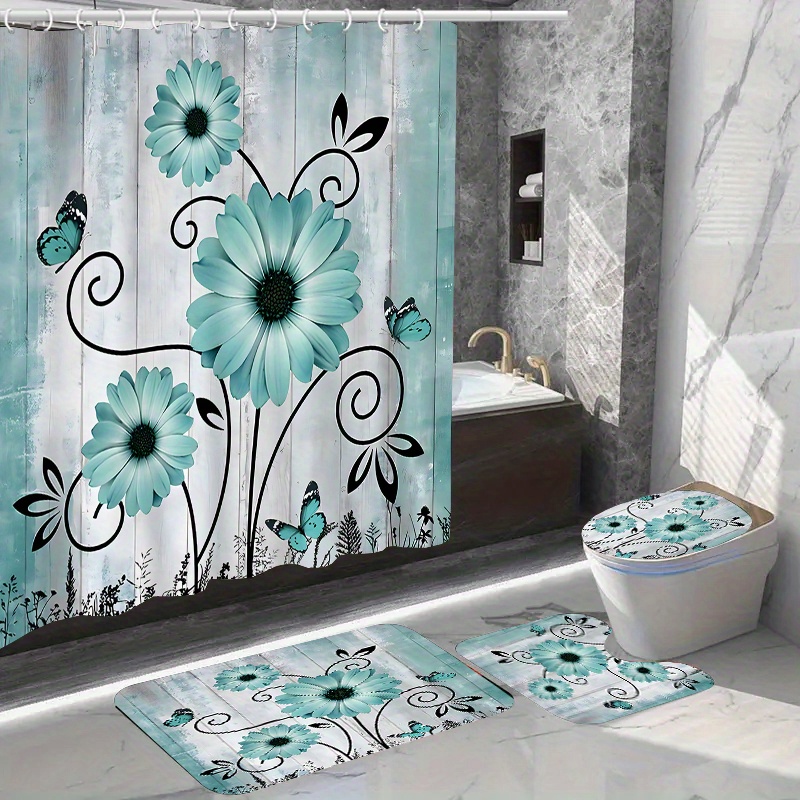 

4pcs Teal Daisy Pattern Shower Curtain Set, Waterproof Shower Curtain With Hooks, Non-slip Bath Rug, U-shape Mat, Toilet Lid Pad, Bathroom Accessories