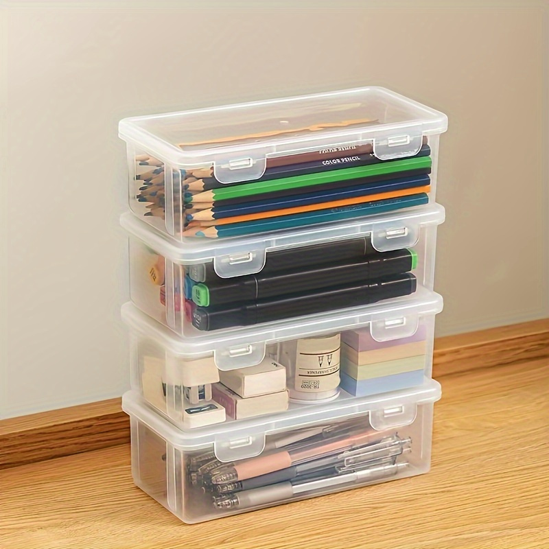 

4-pack Large Clear Plastic Storage Boxes With Hinged Lids - Perfect For Pens, Pencils & Markers, Ideal For Office & School Supplies Pencil Boxes For School Desk Storage Containers