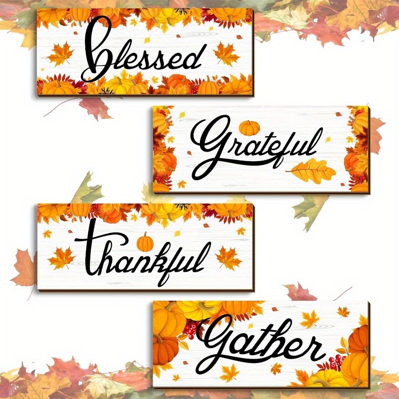 

4 Pcs Autumn Wall Decor Signs With Maple Leaves And - Wooden Thankful, Blessed, Grateful, Gather Plaques For Home & Classroom, Farmhouse Style Rustic Wall Art, Suitable For Age 14+