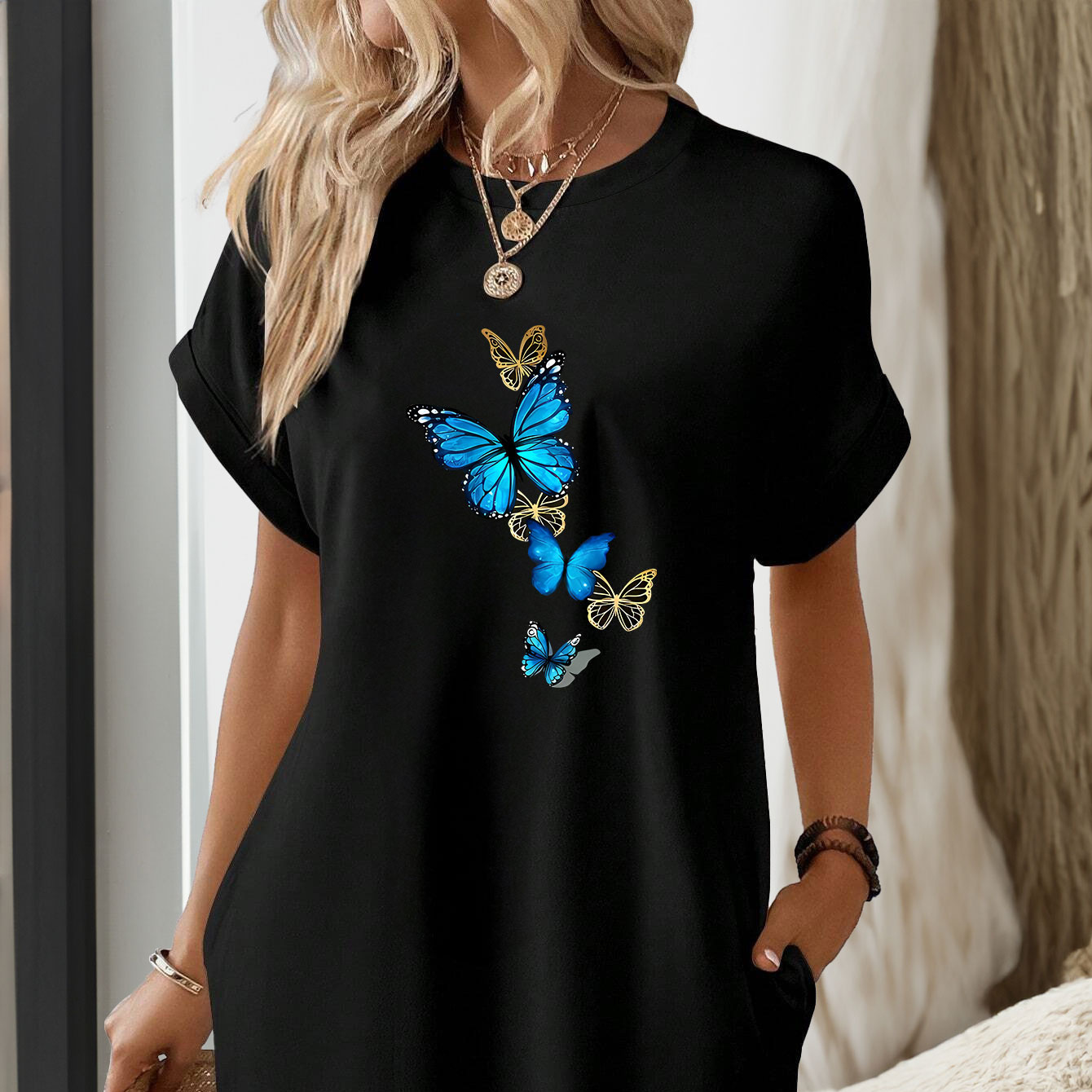 

Women's Casual Butterfly Print Batwing Sleeve Lounge Dress, Comfortable Pocketed Home Dress With Crew Neck Design