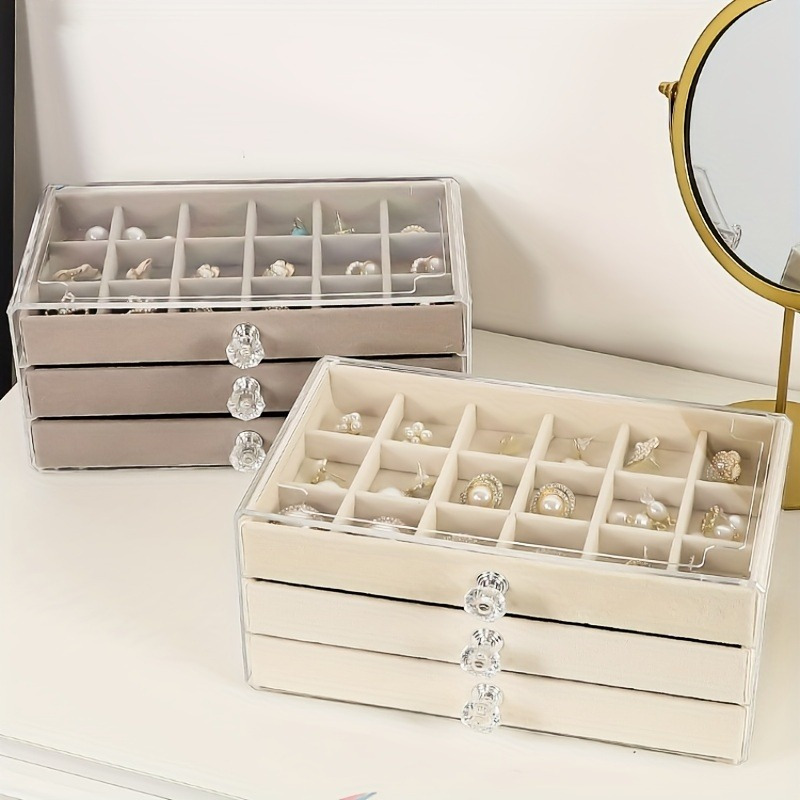 

Elegant Acrylic Jewelry Organizer With 3 Drawers - Transparent, Multi-layer Storage For Earrings, Rings, Necklaces & Bracelets - Velvet Lined Display Case