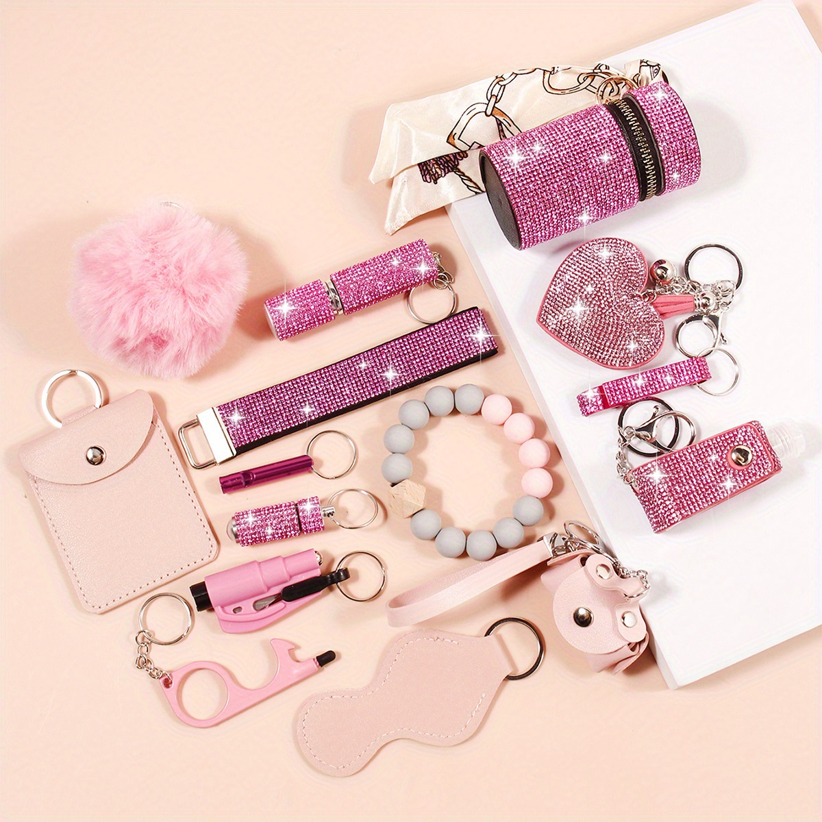 15pcs   safety keychain set for women with storage bag and pom card bag accessories kit details 0